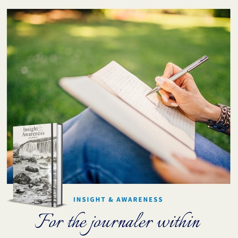 lady journaling in a park- leaning the journal on her knees- with photo of Lorraine Nilon Self-reflective journal. 