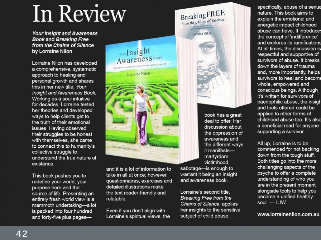 Lorraine Nilon's Your Insight & Awareness Book and Breing Free from the Chains of Silence - with Book review form International Psychic Directory 