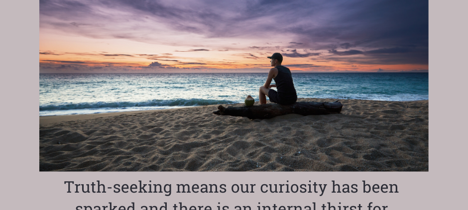 man sitting on a log at the beach contemplating- soul-searching and truth-seeking