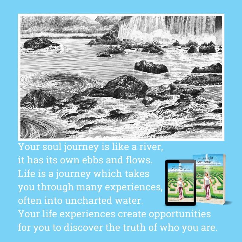 river scene illustration taken fron developing self-awareness book with Life quote from self-Help author Lorraine Nilon