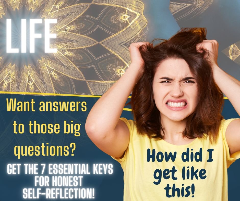 Frustrated lady pulling her hair - asking how di this happen- sign saying want answers to those big questions. Learn techniques for self-reflection and self-improvement.