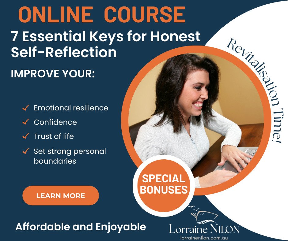Happy lady doing Lorraine Nilon's 7 Essential Keys for Honest self-reflection online course