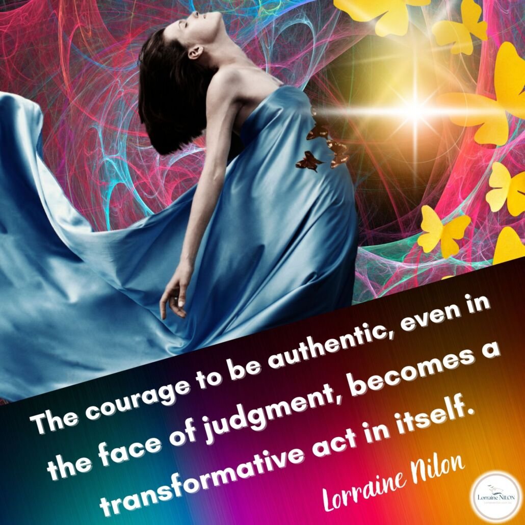 Lady heading for a tunnel surrounded by butterflies. quote: the face of judgment, becomes a transformative act in itself. Lorraine Nilon