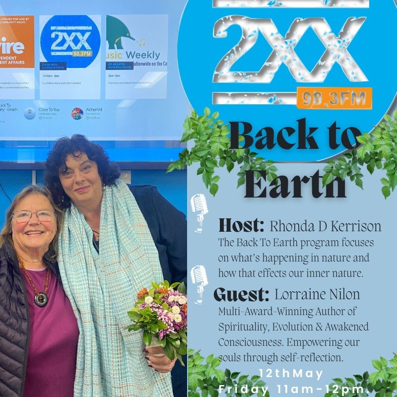 2XX radio - Back to Earth program Rhonda D with Guset Lorraine Nilon holding a bunch of flowers and 2XX logo in background