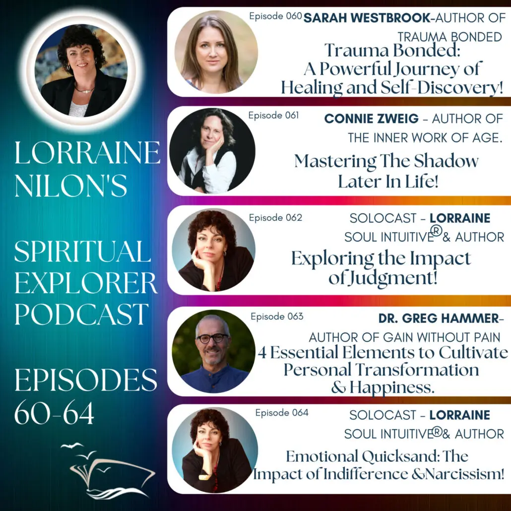 Ep 60-64 Self-development, trauma recovery authors Guests of Lorraine Nilon's Podcast Photo: Sarah Westbrook, Connie Zeig, Dr Greg Hammere