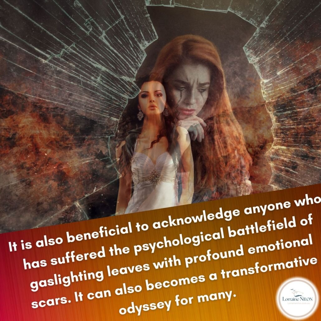 Emotional trauma from Gaslighting - Image a lady represented by the phoenix wings healing and an lady surrounded by broken glass representing the effects of gaslighting.