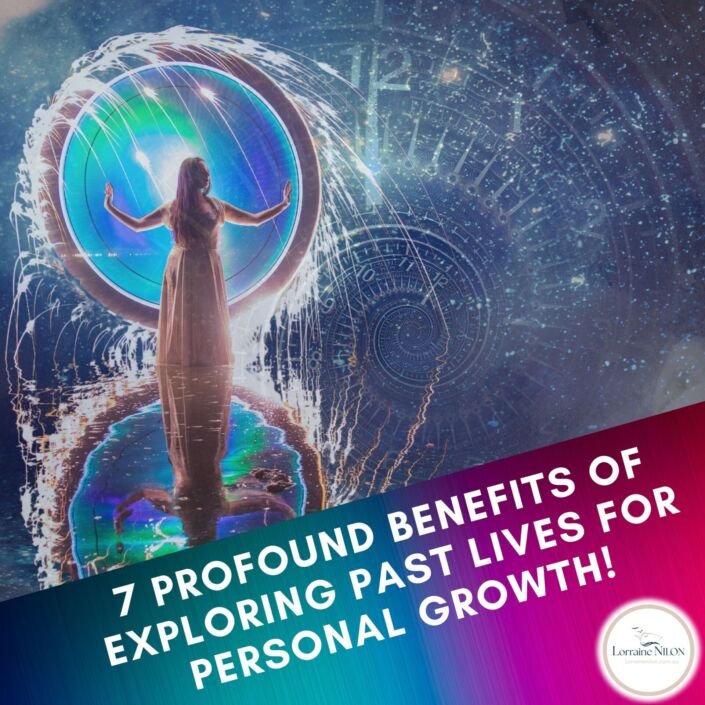 A lady standing in a vortex and ancient clock behind her - 7 Benefits of Exploring Past Lives for Personal Growth- with a spiritual mentor Lorraine Nilon