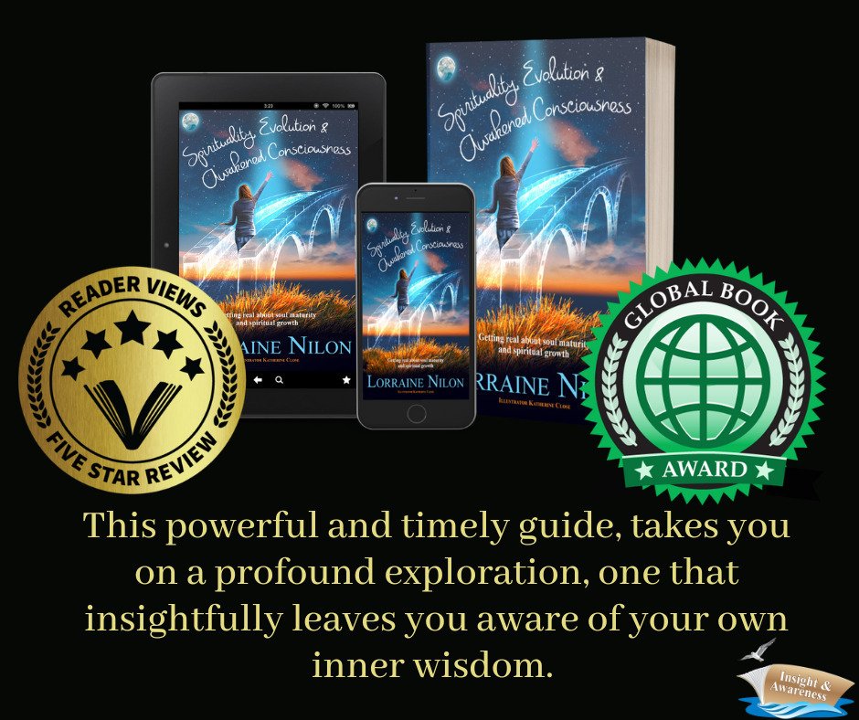 5 start review sticker and global books award sticker on self-help author Lorraine Nilon book- Spirituality, Evolution & Awakened Consciousness. Book Cover- lady standing on bridge looking at universe.