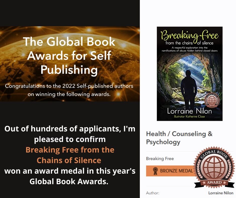 Overcoming childhood trauma Book- Global book Award for Self-publishing- (World map lit up and communication lines.) Lorraine Nilon- for Breaking Free from the Chains of Silence: Book cover is a man standing at the exit of a cave contemplating his life, looking at sunny landscape