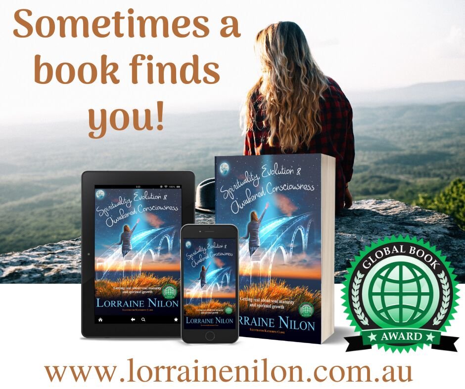Lady sitting on cliff face contemplating! Plus Self-help author Lorraine Nilon - Spirituality, Evolution and Awakened consciousness - a personal growth book with winning Global Book award sticker!