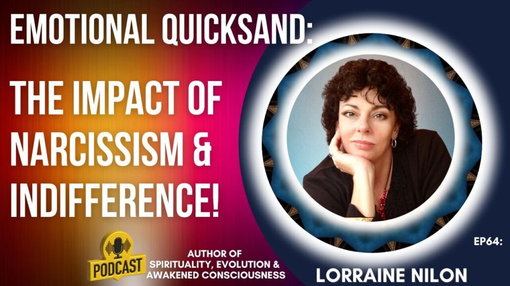 Photo of Lorraine Nilon on YouTube Podcast art cover- multi-coloured background representing the shifting moods of our emotions - photo frame of circles within circles