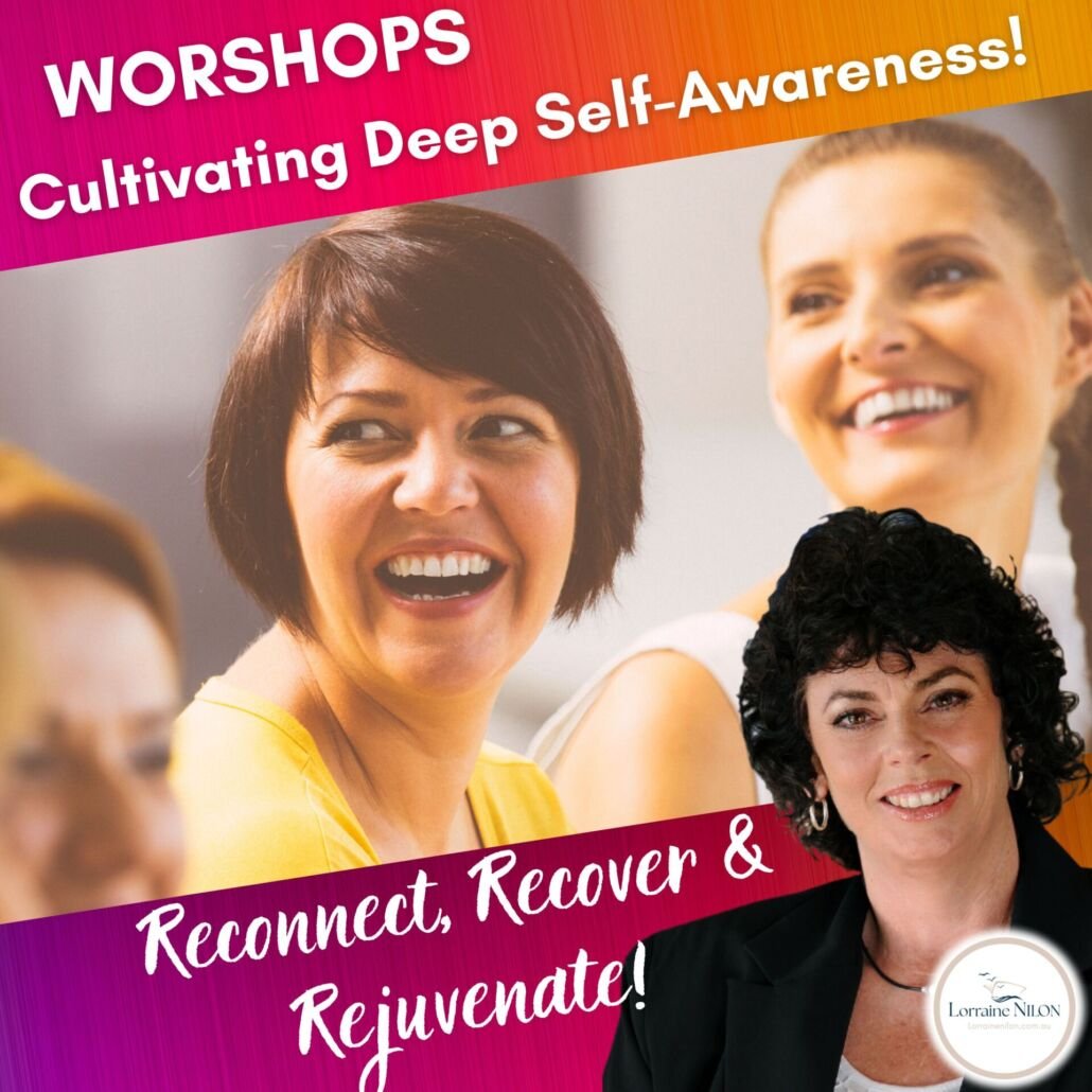 Self-Awareness and Emotional intelligence - self-discovery workshop; Ladies laughing and a photo of Self-help Author Lorraine Nilon.