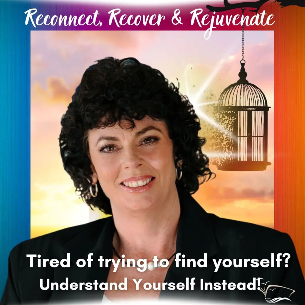 Photo of Self-Help author Lorraine Nilon Smiling - with sunset in background and a birdcage with door open. Instead of trying to find yourself seek Self-understanding!