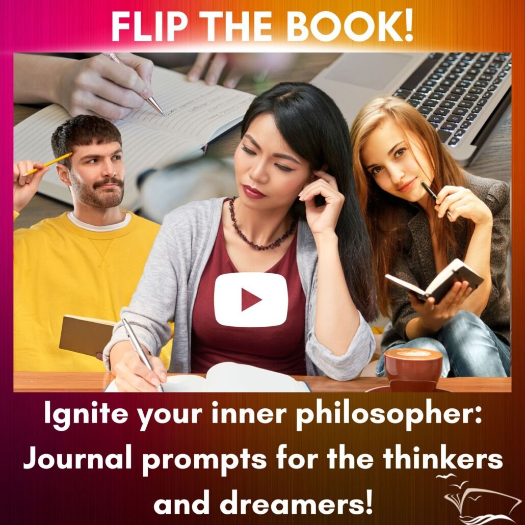 YouTube short video with journal prompts FLIP THE BOOK - self-help author and podcaster -Lorraine Nilon creation. People journaling looking soulful, seep-thinking with journal and pen in their hands. computer in backgroundd on youtube.