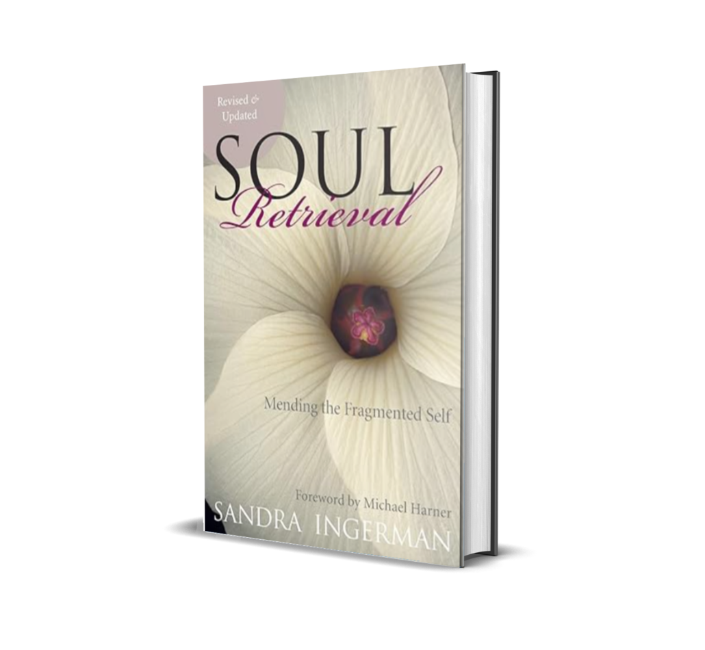 A white flower center on a book cover - Soul Retrieval by Sandra Ingerman Heal with a Shaman- Guest on the Spiritual Explorer Podcast - Host Lorraine Nilon
