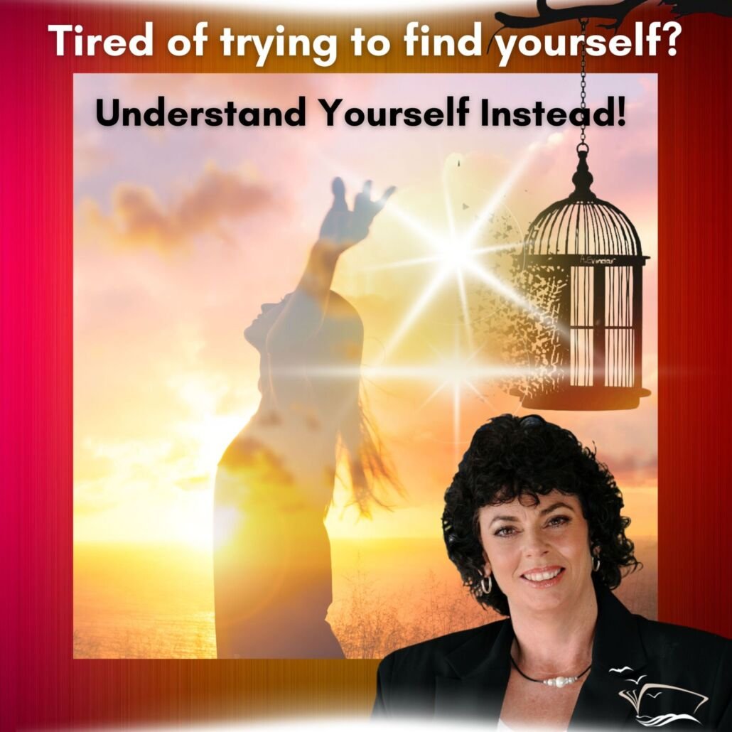 Birdcage open with shining lights and a lady arms in the air celebrating. Tired of trying to find yourself? Understanding yourself instead- Lorraine Nilon - Spiritual books and resources.