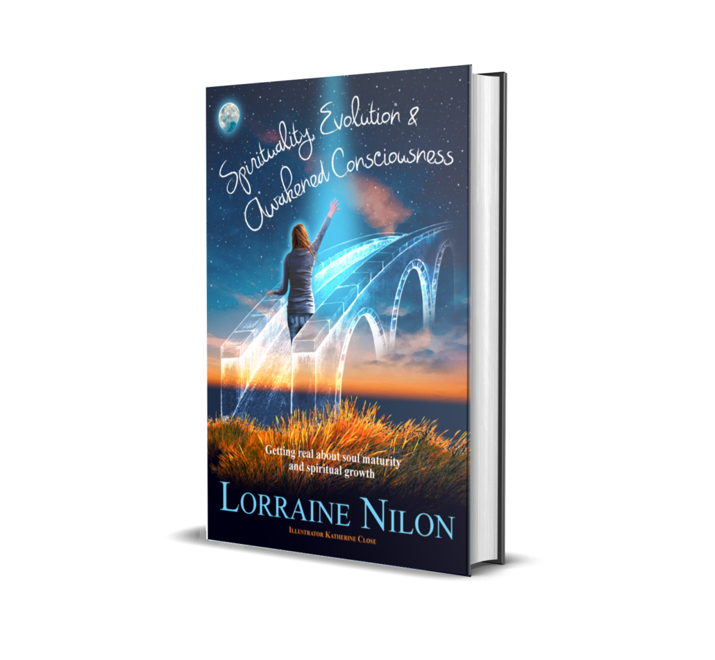 Self-help spiritual book with Lady reaching for the heavens and a bridge and sunset in background: Self-help author Lorraine Nilon