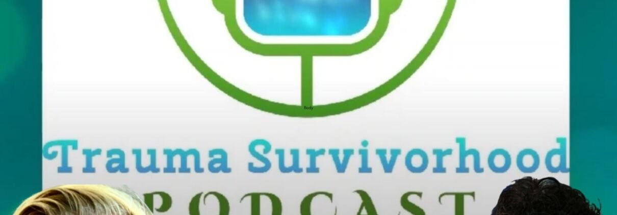 Photo of Lorraine Nilon as a guest on Trauma Survivorhood podcast with photo of Sara Miley, CTRC-A, IFS with a large mic inbetween.