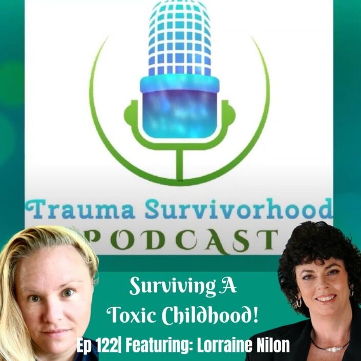 Photo of Lorraine Nilon as a guest on Trauma Survivorhood podcast with photo of Sara Miley, CTRC-A, IFS with a large mic inbetween.