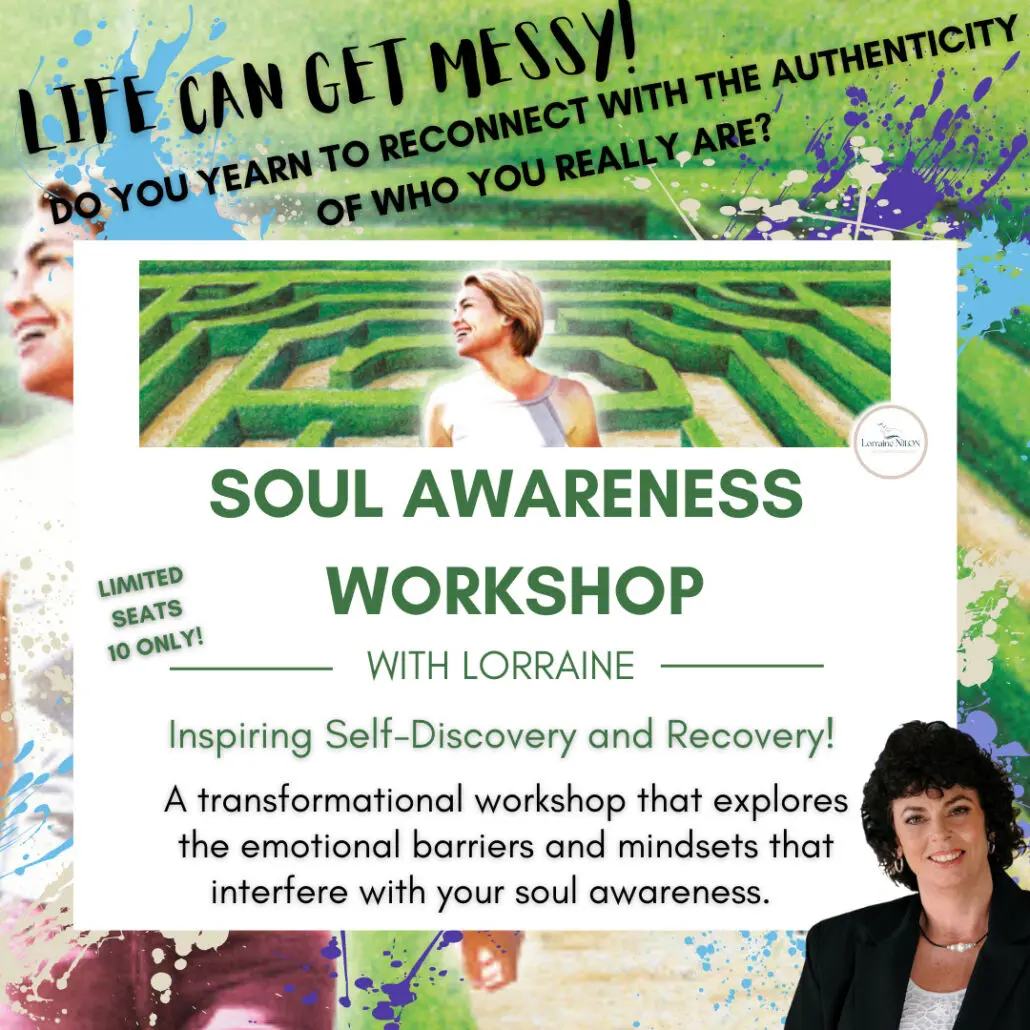 Self-discovery workshop with photo of Lorraine Nilon. An image of a lady walking through mess finding purpose with self-reflection.