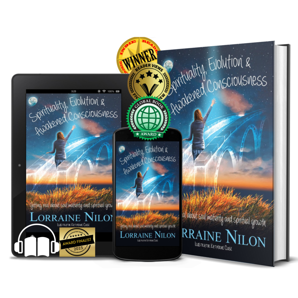 multi book award sticks on a book with a transparent bridge and person reaching for the heavens - Lorraine Nilon- Spirituality, Evolution and awakened consciousness