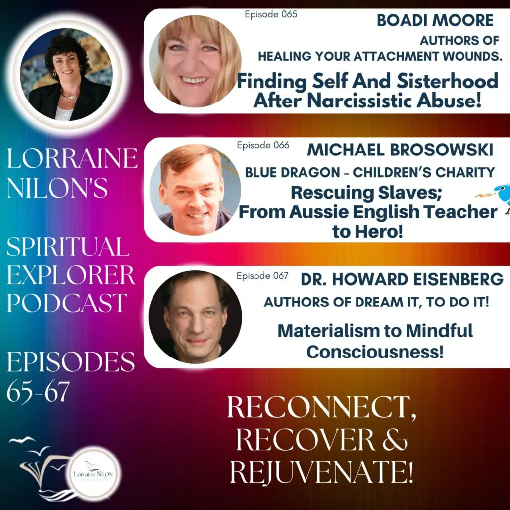 dec2023-Lorraine Nilon-Spiritual Podcast guests Photos of Boadi Moore, Michael Brozowski and Howard Eisenberg - guests on Lorraine Nilon's Spiritual podcast