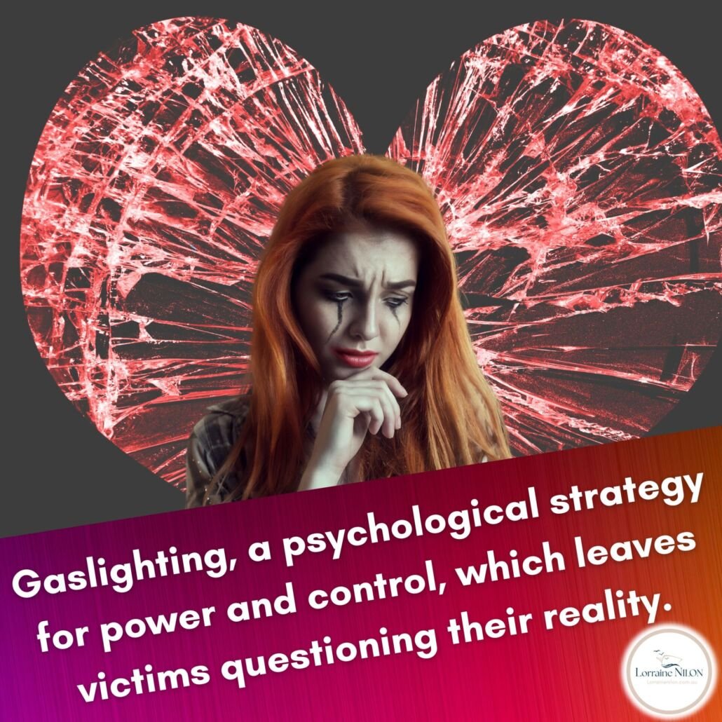 Gaslighting - A broken shattered heart in background with a lady crying in the foreground. Emotional trauma from gaslighting. 