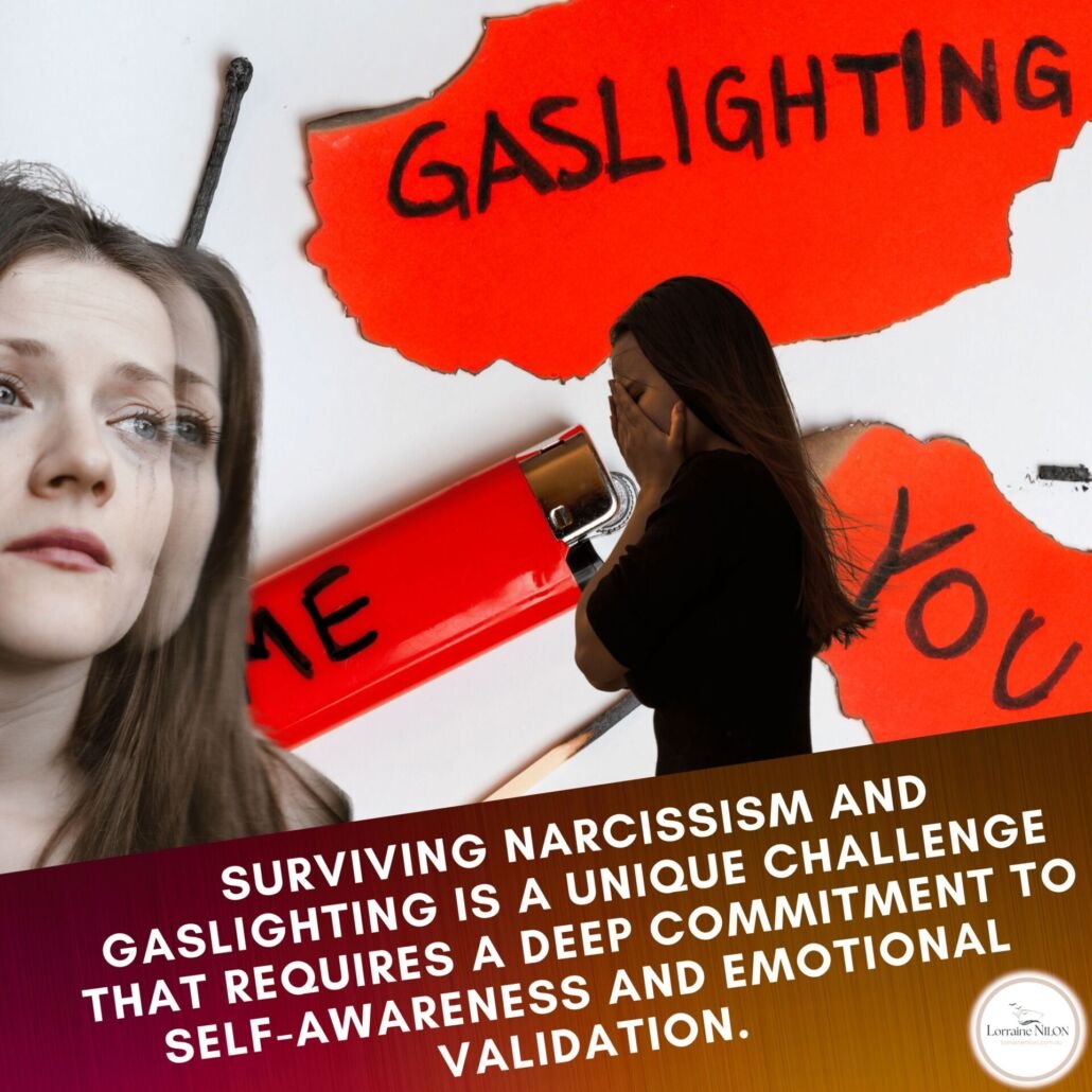 Photo of a distressed lady - confused with a background of a lighter with me written on it, You and gaslighting written as well in background. Recovery narcissistic gaslighting