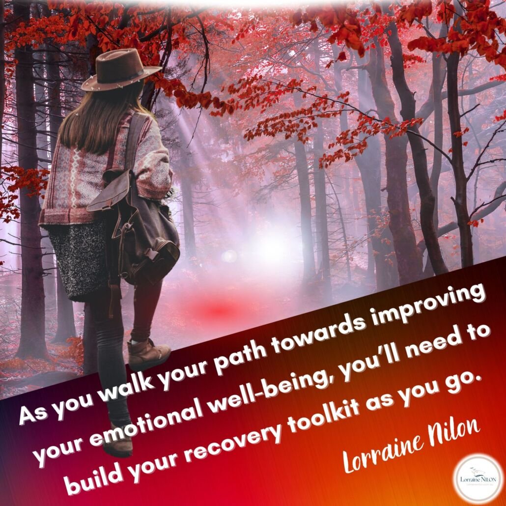 lady walking with a backpack into the unknown of her emotions represented by a red forest. Spiritual podcaster Lorraine Nilon and Self-help author with quote about improving your emotional well-being 