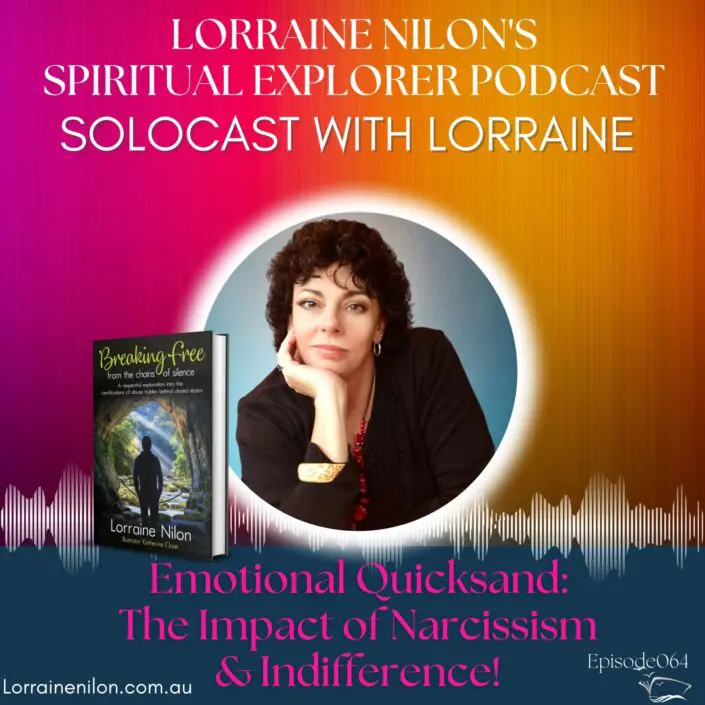 Narcissistic recovery podcast episode-Lorraine Nilon – Emotional quicksand of narcissism and indifferenceIndifference photo of Lorraine Nilon on spiritual Explorer podcast art cover- with her book breaking Free